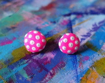 Toadstool Clay Stud Earrings in Neon Pink – Polka Dot Colorful Semi Spherical Studs – 100% Handmade Fun Jewelry - Cottagecore Earrings