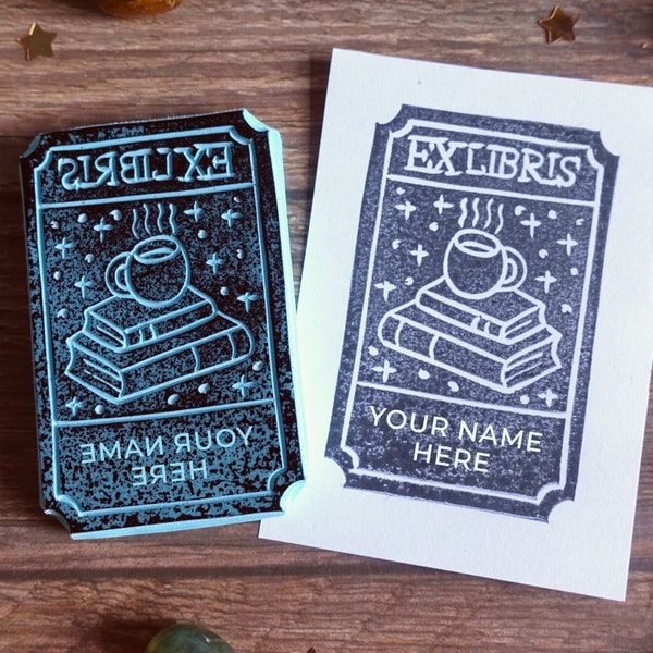 Custom Ex Libris Stamp - Tea and Books - Hand Carved Rubber Stamp - Custom Bookplate Stamp - Library Stamp - Book Lover Gift