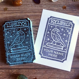 Custom Ex Libris Stamp - Crow and Book - Hand Carved Rubber Stamp - Custom Bookplate Stamp - Library Stamp - Book Lover Gift