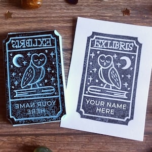Benutzerdefinierte Ex Libris Stempel - Schleiereule und Buch - Handgeschnitzter Stempel - Benutzerdefinierte Ex Libris Stempel - Bibliothek Stempel - Geschenk für Buchliebhaber