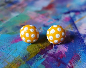 Toadstool Clay Stud Earrings in Yellow – Polka Dot Colorful Semi Spherical Studs – 100% Handmade Fun Jewelry - Cottagecore Earrings