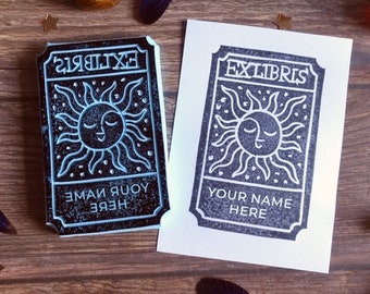 Custom Ex Libris Stamp - The Sun - Hand Carved Rubber Stamp - Custom Bookplate Stamp - Library Stamp - Book Lover Gift