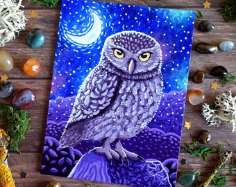 Little Owl Painting on Canvas Board - Night Guardian - 16 x 12 cm - 6.30 x 4.72 inches - Fantasy Art - Magick Art