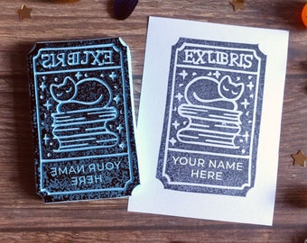 Custom Ex Libris Stamp - Sleeping Cat and Books - Hand Carved Rubber Stamp - Custom Bookplate Stamp - Library Stamp - Book Lover Gift
