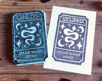 Custom Ex Libris Stamp - Snake, Moons and Stars - Hand Carved Rubber Stamp - Custom Bookplate Stamp - Library Stamp - Book Lover Gift