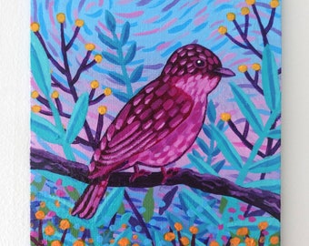 Peinture sur toile Petit oiseau - Oiseau magenta - 16 x 12 cm - 6,30 x 4,72 pouces