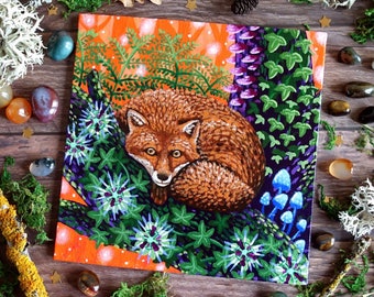 Fox Painting on Canvas Board - Forest Guardian VII - 15 x 15 cm - 5.91 x 5.91 inches