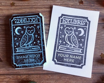 Custom Ex Libris Stamp - Barn Owl and Book - Hand Carved Rubber Stamp - Custom Bookplate Stamp - Library Stamp - Book Lover Gift