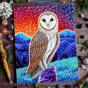 Barn Owl Painting on Canvas Board Silent Guardian 24 x 19 cm 9.45 x 7.48 inches image 1