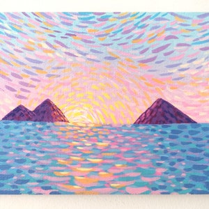 Small Landscape Original Painting on Canvas Board - Island Sunset - 16 x 12 cm - 6.30 x 4.72 inches - Van Gogh Style Art