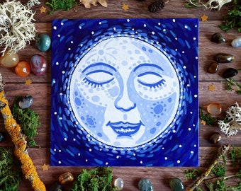Small Full Moon Painting on Canvas Board - Full Moon 2 - 15 x 15 cm - 5.91 x 5.91 inches