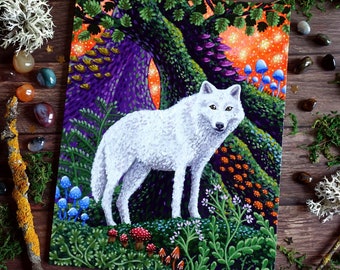 White Wolf Painting on Canvas Board - Forest Guardian VI - 19 x 24 cm - 7.48 x 9.45 inches - Fantasy Original Art - Enchanted Forest