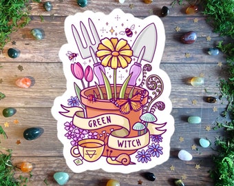 Green Witch Sticker, Bullet Journal Sticker, Gardening Sticker, Plants Sticker, Plant Lover Sticker, Witch Garden Sticker