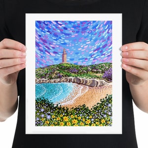 Impressão artística Torre de Hércules, pôster de paisagem galega, impressão 8x10, pintura de farol, decoração de casa de praia, arte de parede costeira