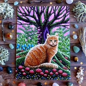Peinture de chat tigré orange sur toile - Le gardien de la forêt et l’anneau de fée - 16 x 22 cm - 6,30 x 8,66 pouces - Art original fantastique