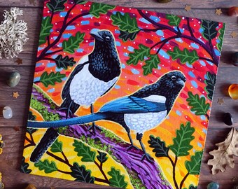 Two Magpies Painting on Canvas Board - Two for Joy - 20 x 20 cm - 7.87 x 7.87 inches - Original Folk Art