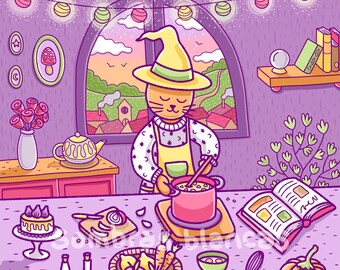 Kitchen Witch Cat Art Print, Cooking Poster, 10x10 Print, Fantasy Illustration, Nursery Poster, Home Decor, Wall Art