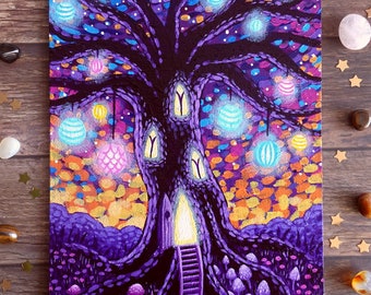 Fantasy Painting on Canvas Board - The Fairy Tree - 16 x 22 cm - 6.30 x 8.66 inches - Fairytale Art