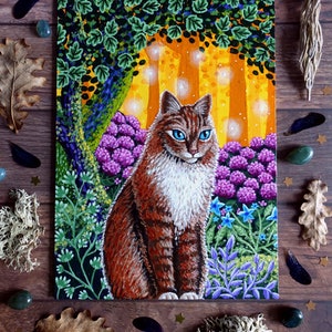 Chat des forêts norvégiennes, peinture sur toile - Le gardien du chêne - 16 x 22 cm - 6,30 x 8,66 pouces - oeuvre d'art originale fantastique - art de la forêt
