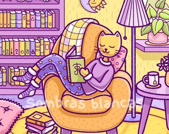 May include: A cartoon cat wearing a purple sweater and blue pajamas with stars sits in a yellow armchair reading a book. The cat is in a cozy living room with a bookshelf, plants, and a lamp.