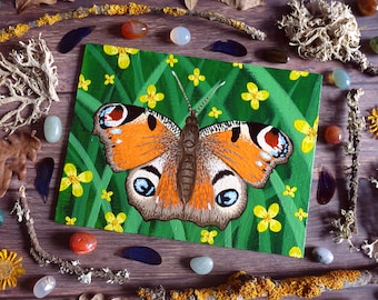 Pintura de mariposa pavo real sobre tablero de lienzo - Aglais io - 16 x 12 cm - 6,30 x 4,72 pulgadas