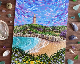 Beach and Lighthouse Painting on Canvas Board - Torre de Hércules - 16 x 22 cm - 6.30 x 8.66 inches - A Coruña Original Art