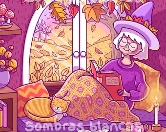 Op de afbeelding: Een knusse illustratie van een heks die een boek leest in een paarse fauteuil bij een raam met uitzicht op een herfstbos. Een kat slaapt op een nabijgelegen kussen en een kaars brandt op een tafel naast een kopje thee. De tekst "Sombra Blanca" verschijnt twee keer in de afbeelding.