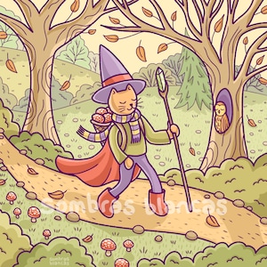 Impresión de arte del gato mago, cartel del bosque mágico, impresión 10x10, ilustración de fantasía, cartel de la guardería, decoración del hogar, arte de la pared