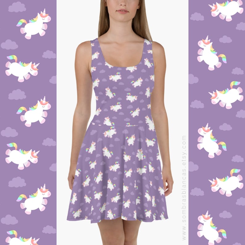 Sleeveless Dress Elastic Fabric Dress Flying Chubby Unicorn Skater Dress Short Dress Unique Flared Dress Original Dress Fantasy Dress