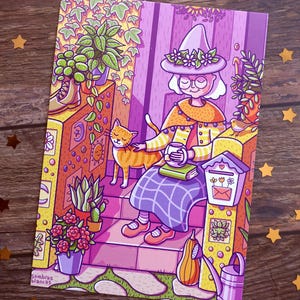 Postal de sol matutino - Anciana y gato - Postal de Postcrossing - Postal de arte original - Correo postal - Scrapbooking - Colección de papelería