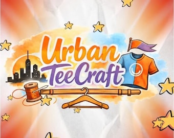 May include: A graphic logo featuring the text Urban TeeCraft in orange and purple, set against a background of yellow stars and a red sunburst. The design includes a city skyline, a spool of thread, a wooden hanger, and a two-toned t-shirt.