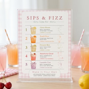 May include: A clear acrylic sign holder displaying a Sips & Fizz Dirty Soda Bar menu with a pink gingham border. The menu lists five numbered drink options with ingredients and garnishes, plus a Make It Your Own section at the bottom.