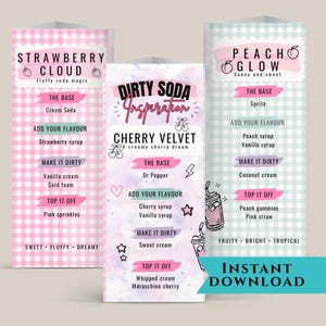 Puede incluir: Tres tarjetas de recetas coloridas para bebidas de soda. Las recetas son para Strawberry Cloud, Cherry Velvet y Peach Glow. Cada tarjeta tiene un esquema de color diferente e incluye ingredientes como siropes, crema y aderezos. El texto "Instant Download" está en la parte inferior.