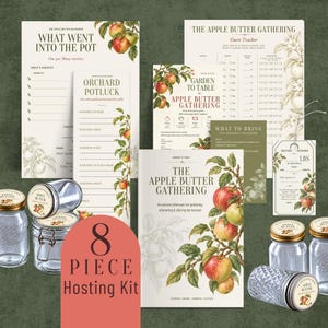 Può includere: Un kit per ospitare da 8 pezzi con cancelleria stampata per un raduno a tema burro di mele, inclusi un registro ospiti, una lista degli ingredienti e schede ricette, insieme a diversi barattoli di vetro con coperchi e etichette.
