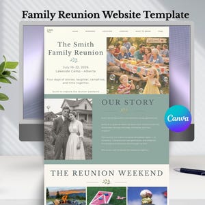 May include: A digital website template for a family reunion displayed on a computer screen. The layout features the text The Smith Family Reunion, July 19-22, 2026, Lakeside Camp, Alberta, Our Story, and The Reunion Weekend with photos of people.
