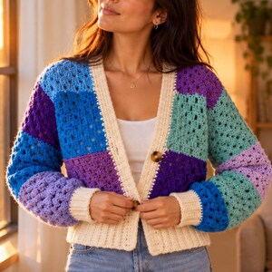 May include: A long-sleeved crochet cardigan featuring a color-blocked pattern of blue, purple, and teal squares. The garment has a cream-colored ribbed trim along the V-neckline, cuffs, and hem, and is fastened with a single brown button at the center.