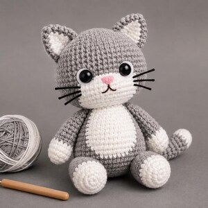 May include: A gray and white crocheted cat amigurumi toy with large black plastic eyes, a pink stitched nose, and black thread whiskers. Beside the cat sits a ball of gray and white yarn and a wooden-handled metal crochet hook for crafting.