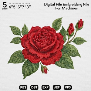 以下が含まれることがあります： デジタル刺繍ファイル。詳細な赤いバラと緑の葉とつぼみ。デザインは5つのサイズで利用可能で、10.16cmから20.32cmの範囲です。画像には「Digital File Embroidery File For Machines」というテキストとファイルタイプの略語が含まれています。