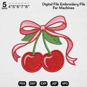 Puede incluir: Archivo de bordado digital con dos cerezas rojas con tallos y hojas verdes, y un lazo de cinta rosa. Disponible en 5 tamaños: 10.16 cm, 12.7 cm, 15.24 cm, 17.78 cm y 20.32 cm. Formatos de archivo: PES, DST, EXP, JEF y VP3.