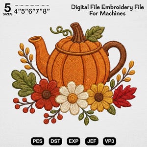 Pumpkin Teapot Embroidery Design, Fall Floral Machine Embroidery, Autumn Pumpkin Tea Pot, Thanksgiving Harvest Decor Pattern