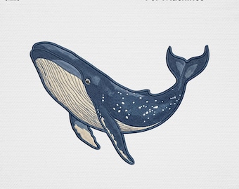 Diseño de bordado de ballena, archivo de bordado de animales marinos, patrón náutico de vida marina, diseño de ballena jorobada, arte de vida marina, decoración costera