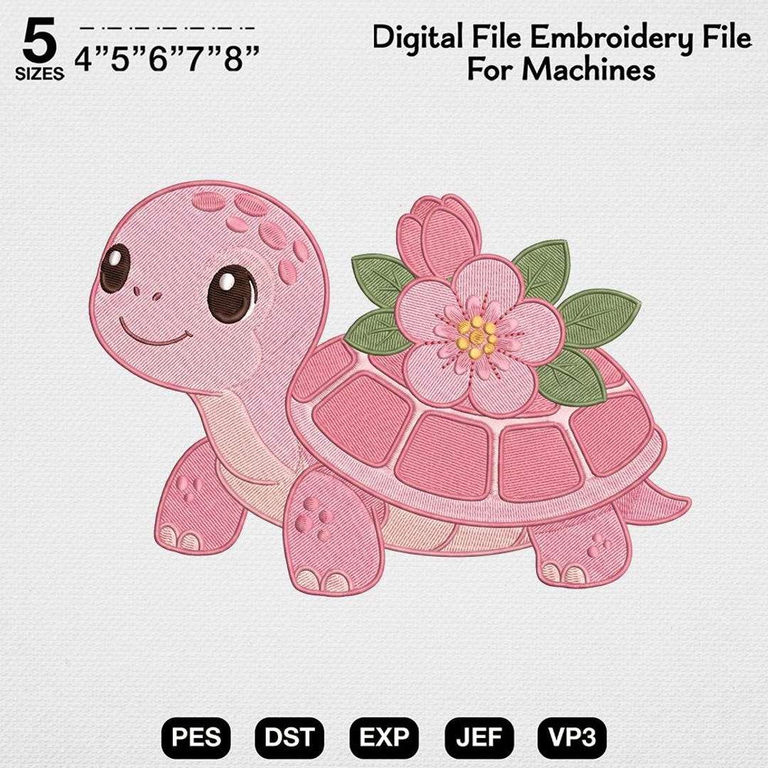 Pink Turtle Embroidery Design, Cute Floral Turtle Machine Embroidery ...