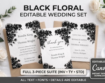 Black & White Floral Wedding Invitation Suite | Modern Minimalist Editable Wedding Invitations | Instant Download