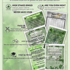 Puede incluir: Un paquete de juegos temáticos de cannabis en verde y blanco. Incluye trivia, bingo y desafíos 'Never Have I Ever'. El texto dice 'The Ultimate Cannabis-Themed Game Night Bundle'. Creado por Sydney Tyler Creations.