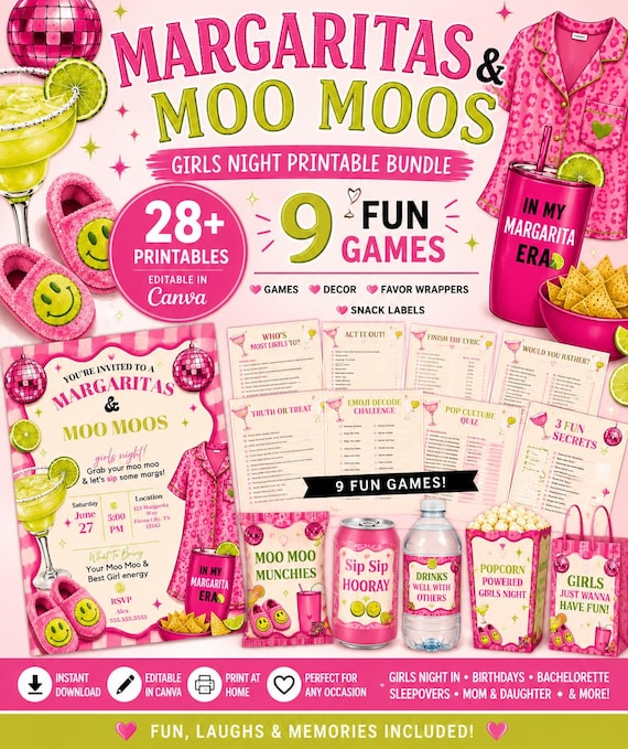 Margaritas & Moo Moos Girls Night Printable Bundle | Editable Canva Games (Digital Download)