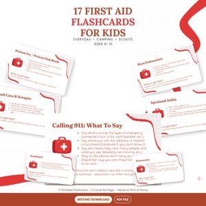 Puede incluir: Un juego de 17 tarjetas didácticas de primeros auxilios para niños de 9 a 13 años, con iconos de botiquín rojo y texto instructivo para emergencias como hiedra venenosa, agotamiento por calor, cortes, esguinces, hemorragias nasales y llamar al 911.