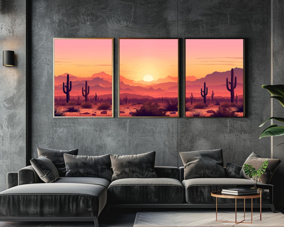 Desert Sunset Wall Art Set, Triptych Wall Art, Southwestern Landscape ...