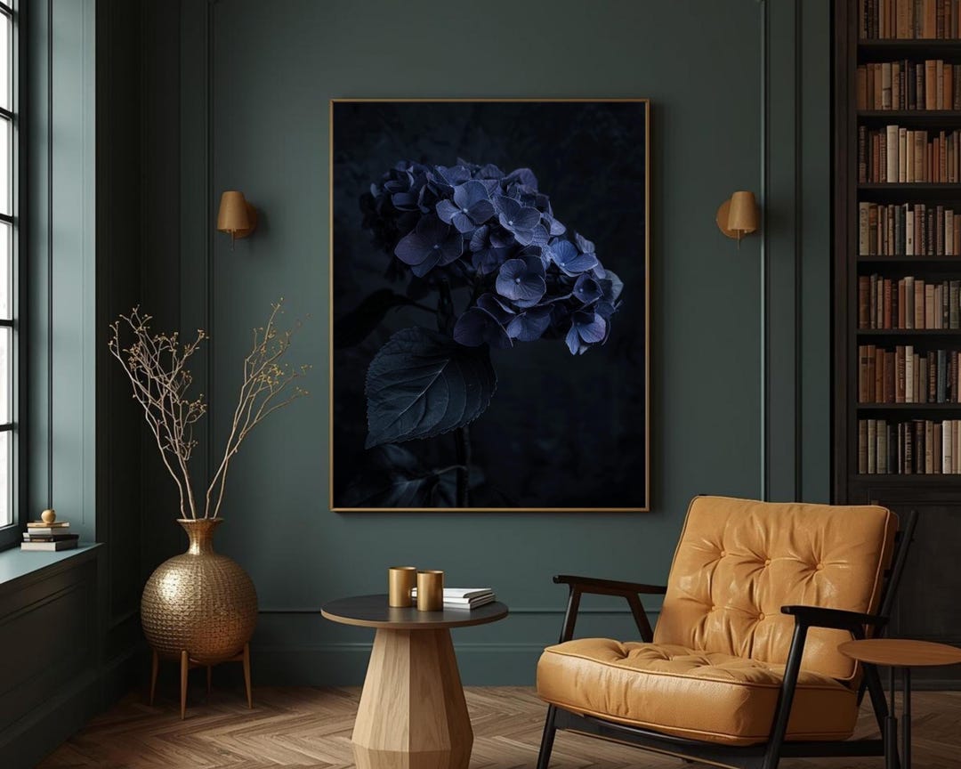 Dark Blue Hydrangea Wall Art, Moody Floral Print, Botanical Poster ...