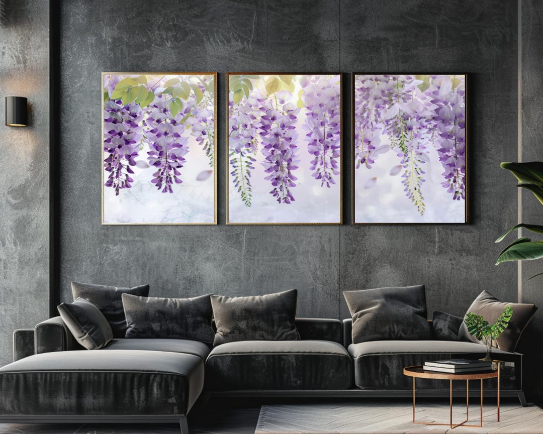 Wisteria Wall Art Set of 3, Purple Floral Triptych, Hanging Flowers