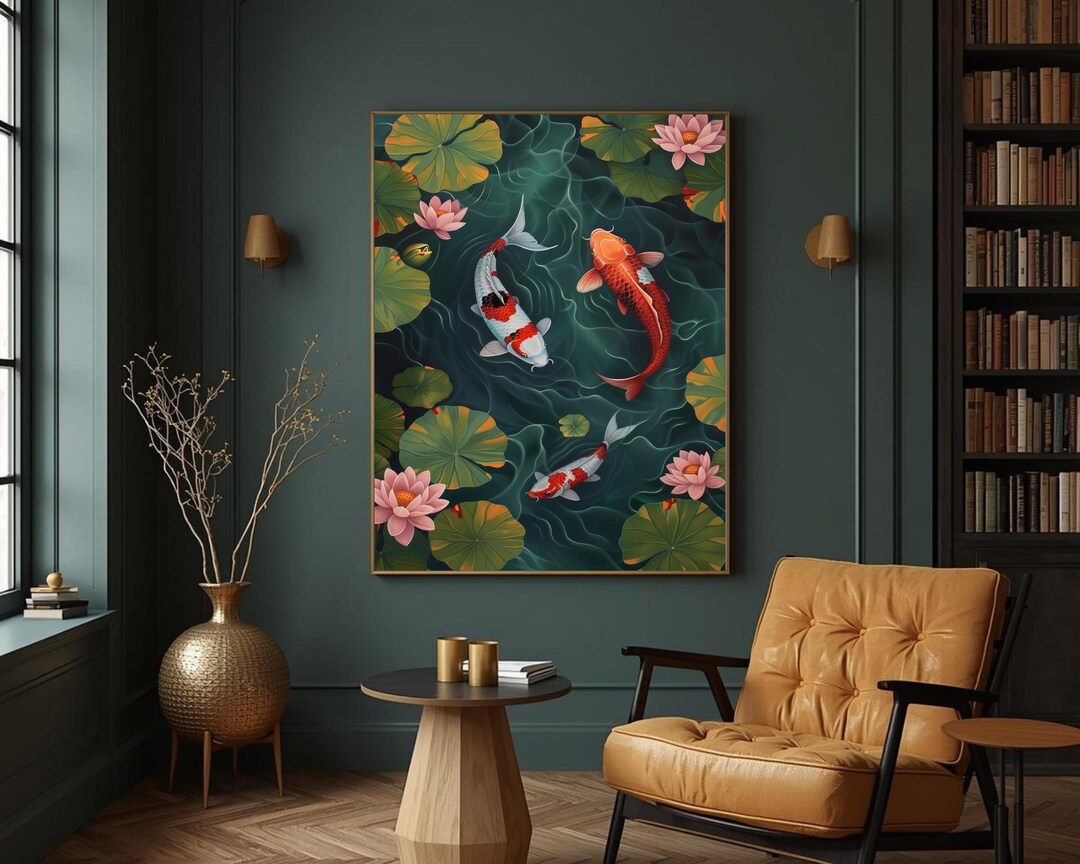 Koi Fish Wall Art, Japanese Pond Print, Zen Water Lily Poster, Feng ...